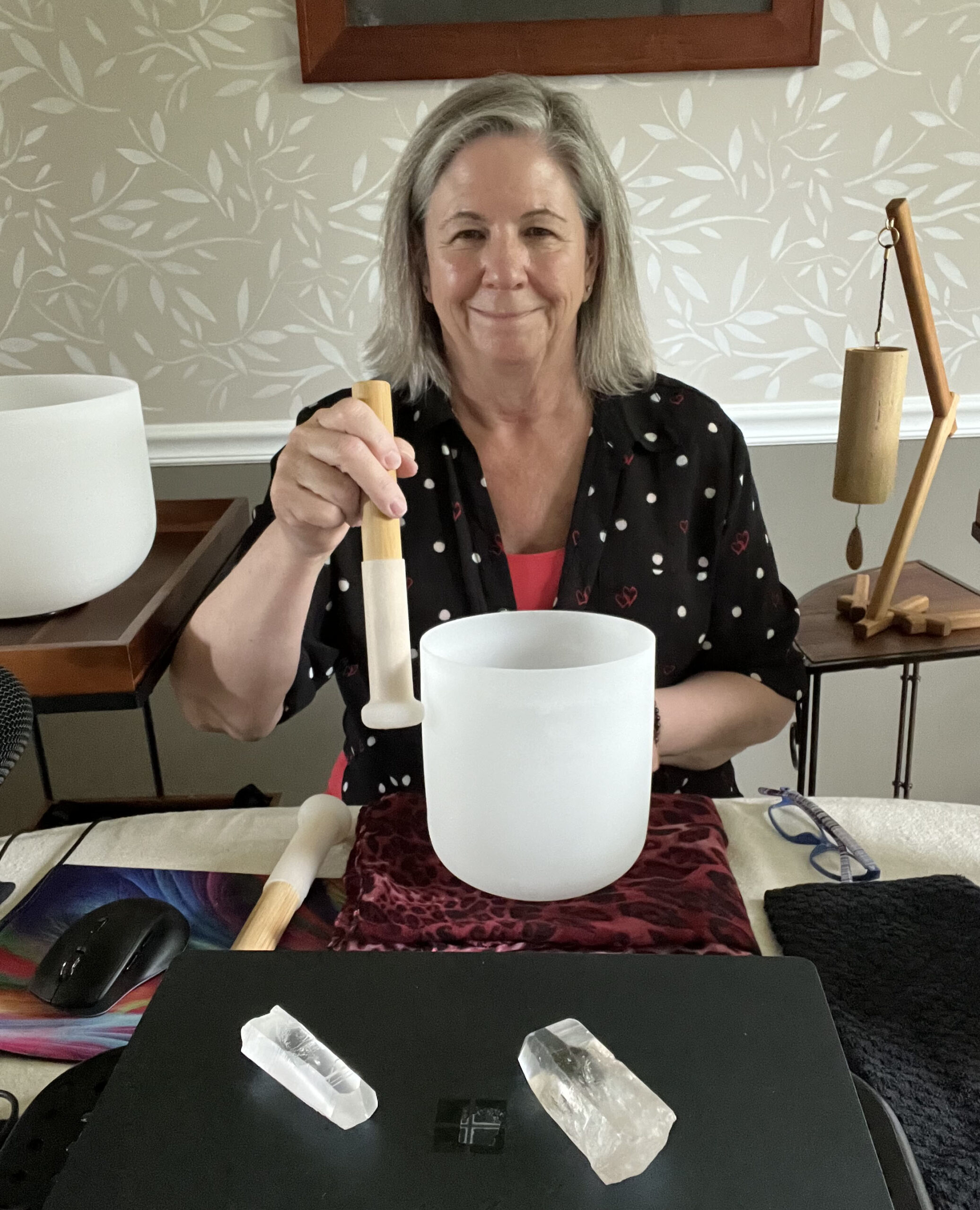 Susan with sound bowls for Susan-Haller.com website.